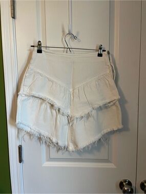 Pink Lily White Denim Mini Skirt Small Fringe  Tiered